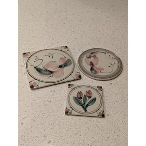 Vintage Art Studio Hand Painted Ceramic Floral Trivet Tile Wall Decor - Set Of 3